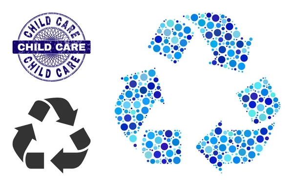 Texturierte CHILD CARE Round Guilloche Stempel und Recycle Collage Ikone der runden Punkte — Stockvektor