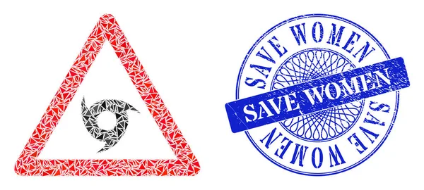 Sceau rayé Save Women Sceau et triangle Tornade Avertissement Mosaïque — Image vectorielle