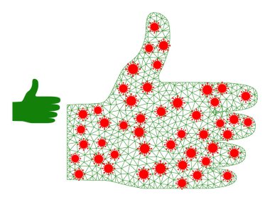 Coronavirus elementleriyle Çokgen Kablo Çerçevesi Baş Parmak Yukarı Pictogram