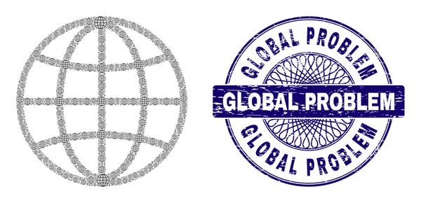Global Sphere Fractal Composition of Global Sphere Items and Textured Global Problem Round Guilloche Seal — 스톡 벡터