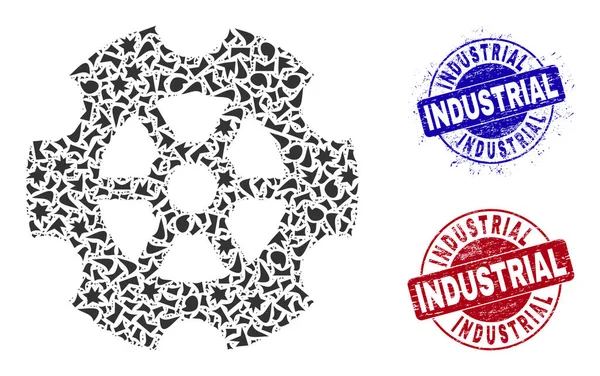 Mosaïque d'engrenages de fractions avec timbres de grunge industriels — Image vectorielle