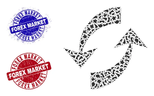 Tauschen Sie Pfeile Mosaik von Scherben mit Devisenmarkt Grunge Seal Briefmarken — Stockvektor