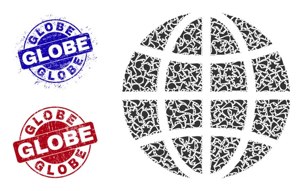 Globe Mozaïek van Spallen met Globe Krabben Postzegels — Stockvector