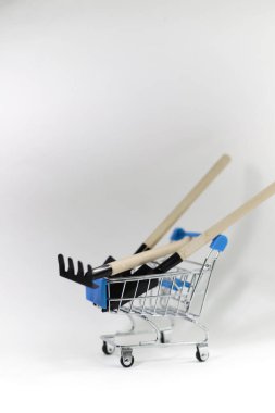 Bahçe ve sebze bahçesi için bahçe aletleri ahşap saplı bir tırmık ve ahşap saplı iki kürek beyaz arka planda mavi saplı bir alışveriş arabasında yatıyor. Bahçe ve sebze bahçesi afişleri için el ilanları.