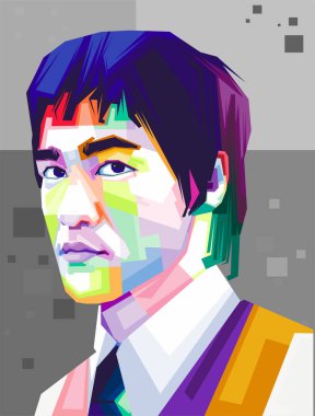 vector isolated stylized illustration face head Bruce Lee Hong Kong and American professionally actor film Jeet Kune Do, one of the Wushu or Kungfu styles