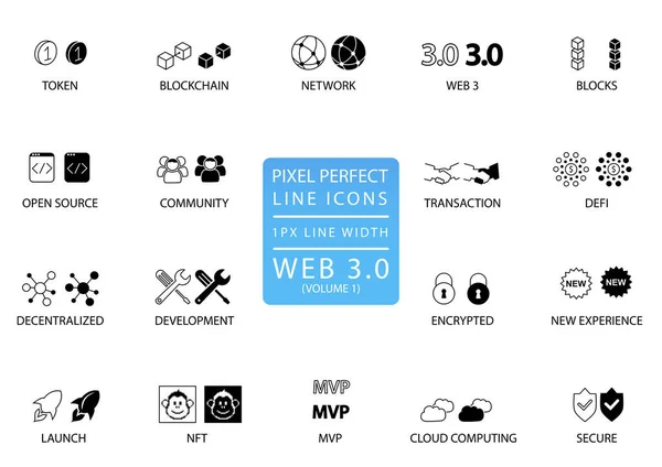 Pixel Perfecto Conjunto Iconos Vector Línea Delgada Para Concepto Web3 — Vector de stock