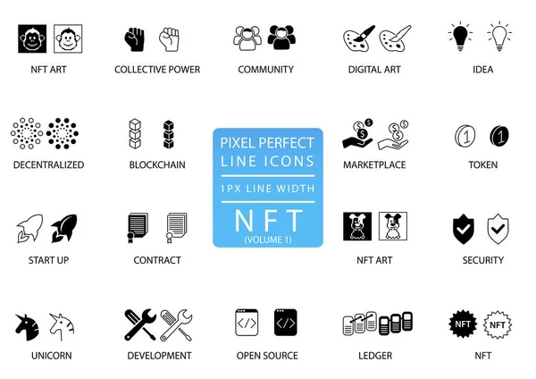 Pixel Perfecto Conjunto Iconos Vector Línea Delgada Para Nft Concepto — Vector de stock