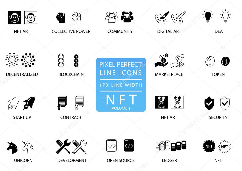 Pixel perfect thin line vector icon set for NFT Non-Fungible Token concept.