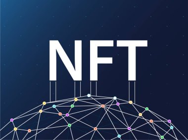 NFT İade Edilemez Jeton geçmişi. Bağlı Dünya Çapında Web illüstrasyonuna sahip mavi koyu duvar kağıdı.