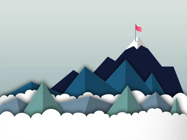 Papel Corte Estilo Vetor Ilustração Pico Montanha Com Bandeira Vermelha —  Vetores de Stock
