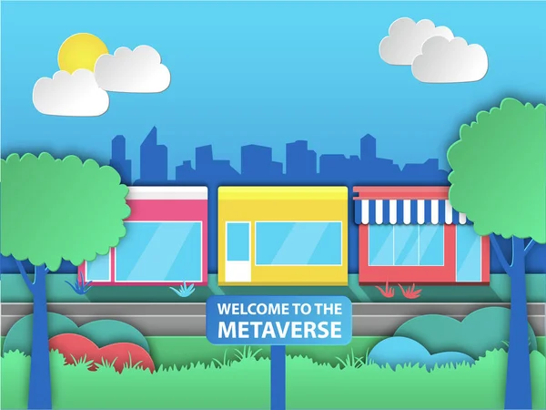 Välkommen Till Metaverse Konceptet Glada Illustration Pappersklipp Stad Med Metaverse — Stock vektor