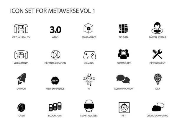 Metaverziós Vektor Ikonkészlet Különböző Szimbólumok Meta Vers Koncepció — Stock Vector