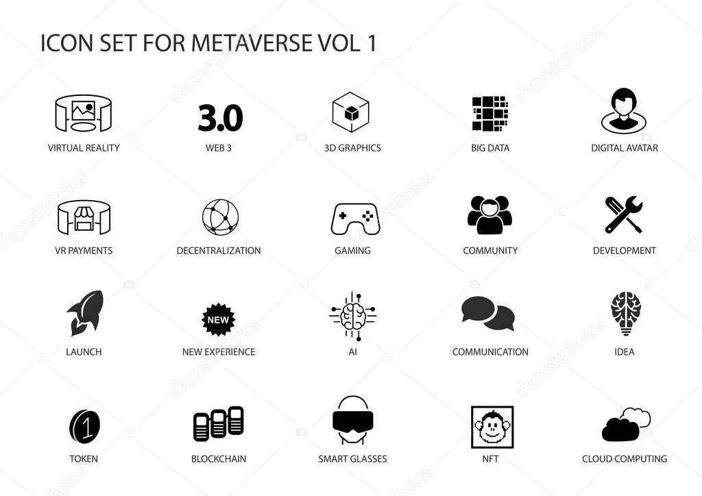 Metaverse vector icon set. Various symbols for the meta verse concept.