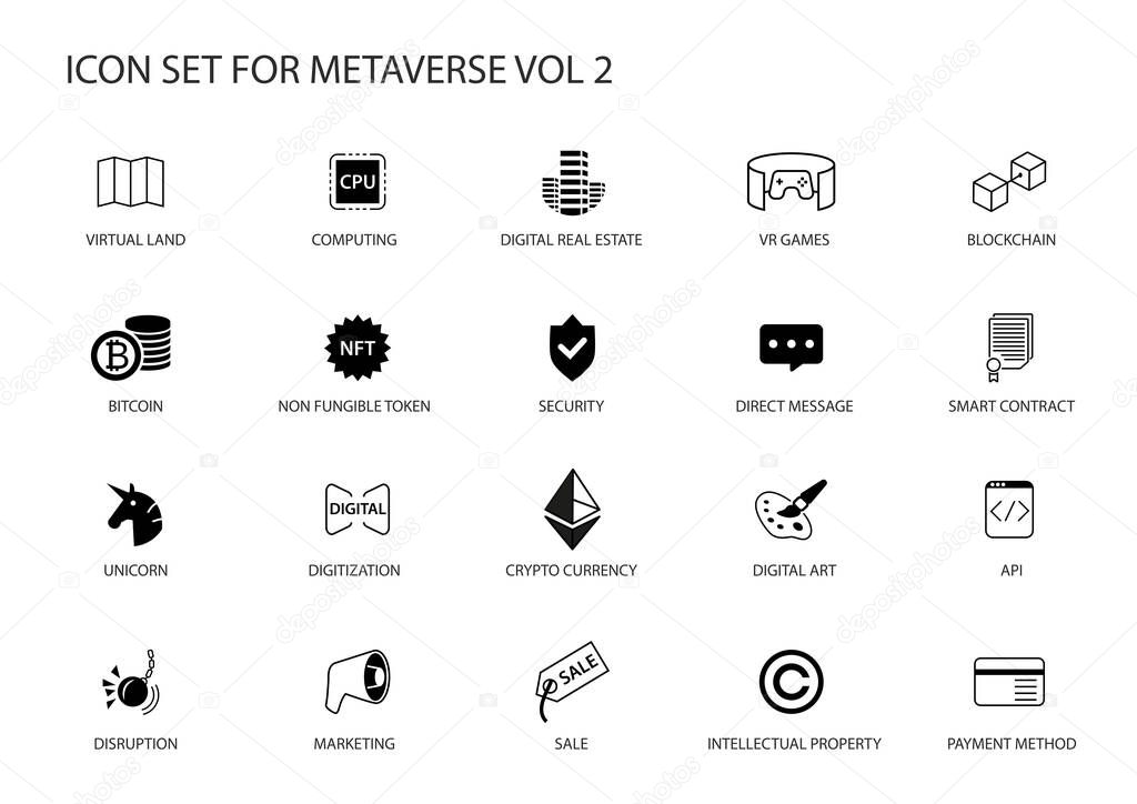 Metaverse vector icon set. Various symbols for the meta verse concept.