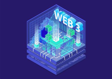 Web 3.0 izometrik vektör çizimi. Işık efektli karanlık bilişim arka planı olarak gelecek nesil internet konsepti.