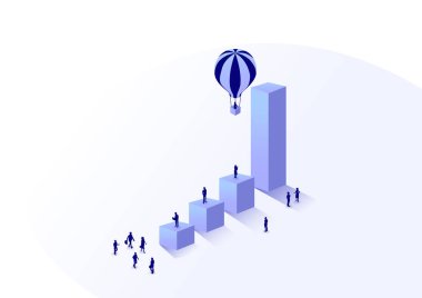 Vector illustration of an increasing bar chart and a hot air balloon rising. Business concept of hyper growth in a business or market. 3d isometric illustration of a workforce from a bird's eye view. 