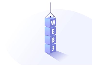 Web 3.0 yazılım geliştirme kavramı. Yazılım geliştiricileri tarafından inşa edilen metin bloklarının vektör illüstrasyonu. Minimalist kuş bakışı. 