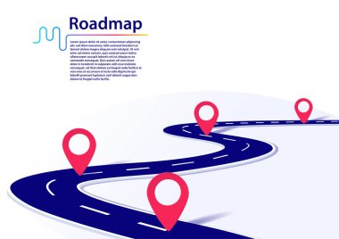 Yol haritası ve kilometre taşları. Proje yönetimi veya iş seyahati için iş konsepti. Beyaz zemin üzerinde kırmızı kilometre taşları olan mavi dolambaçlı bir yolun vektör illüstrasyonu. 