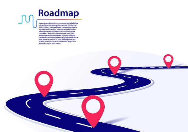Roadmap infographic with milestones. Business concept for project management or business journey. Vector illustration of a blue winding road on white background with red milestones. 