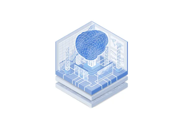 Artificial Intelligence AI concept. Isometric vector illustration of digital brain representing a deep neural network. Blue and white web banner.