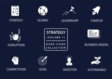 Business strategy vector icon set in flat design and dark mode