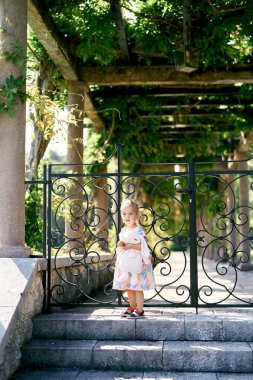 Little girl with a soft toy in her hands stands near the wrought iron patio gate in the garden. High quality photo