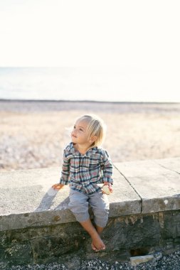 Little girl with an apple sits on a stone curb on the beach. High quality photo