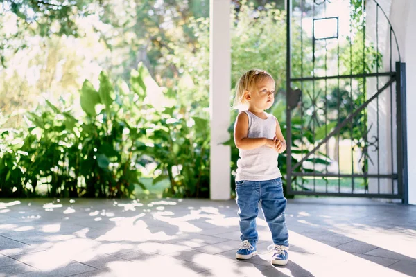 Little girl stands on the tiled floor near the gate in the park. High quality photo