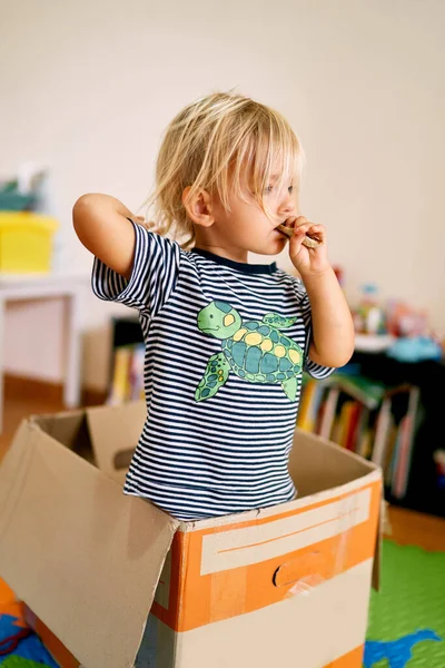 Little girl stands in a cardboard box in the room. High quality photo