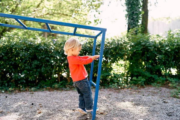 Little girl stands on a metal ladder holding her hands on the crossbar. High quality photo