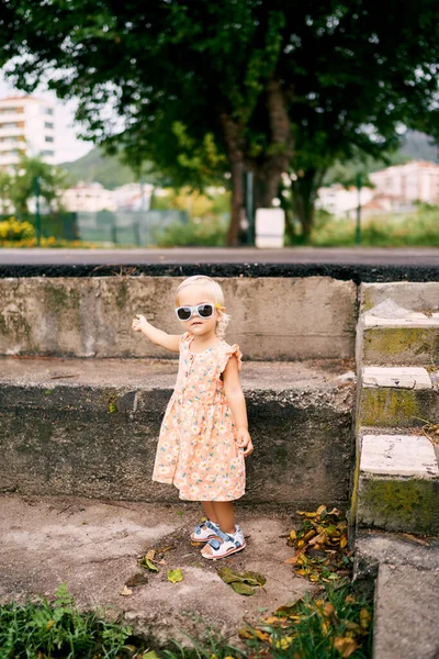 Küçük kız yüksek bir taş kaldırımın yanında duruyor ve onu eliyle işaret ediyor. Yüksek kalite fotoğraf