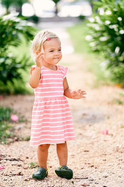 Niña Sonriente Parada Camino Tierra Jardín Foto Alta Calidad — Foto de Stock