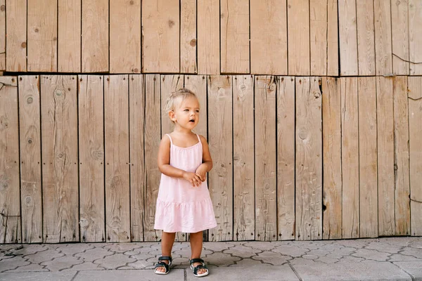 Küçük kız ahşap bir duvarın arkasında duruyor. Yüksek kalite fotoğraf