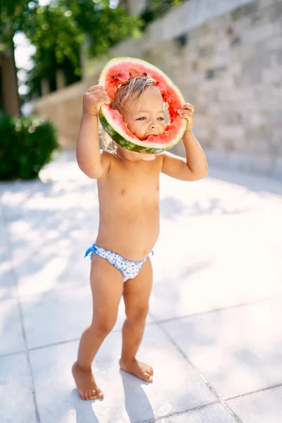 Küçük kız bir karpuz parçasını kemirdi ve kafasına geçirdi. Yüksek kalite fotoğraf