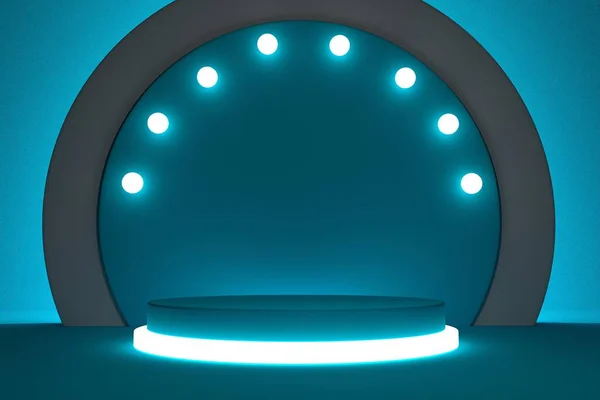 Açık mavi arka planı olan 3D boş sahne podyumu. Beyaz iç mekanın soyut kaidesi.