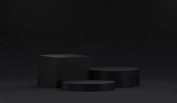 Siyah arkaplan üzerine kaidesi olan beyaz bir podyumun 3D canlandırması.