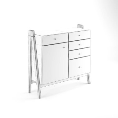 modern minimal furniture with white background studio style, its mixer of different wooden vs concrete textures, some are wire-frame furniture some are good quality pink furniture