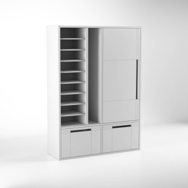 modern minimal furniture with white background studio style, its mixer of different wooden vs concrete textures, some are wire-frame furniture some are good quality pink furniture