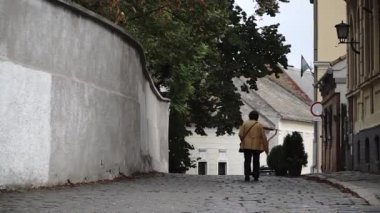 Szentendre, Hungary 'de bir sokakta kameradan uzaklaşan bir kadın.