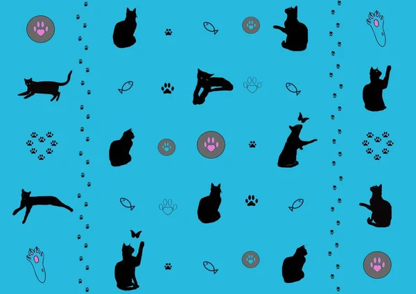 Pattern of silhouettes of cats, fish and footprints. Motives are scattered randomly. Elegant template for fashion prints. Blue background.