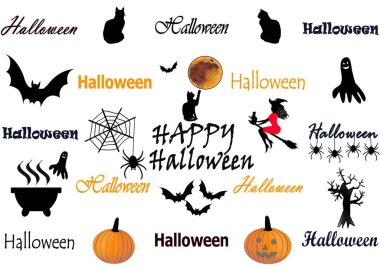 Mutlu Cadılar Bayramı. Süpürgedeki bir kadının silueti, bir kedi, örümcekler, yarasalar, hayaletler, bir kazan, yaşlı bir ağaç, bir balkabağı. Moda baskıları için zarif bir şablon. Beyaz arkaplan.