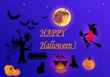 Mutlu Cadılar Bayramı. Süpürgedeki bir kadının silueti, bir kedi, örümcekler, yarasalar, hayalet, bir kazan, yaşlı bir ağaç, bir balkabağı. Moda baskıları için zarif bir şablon. 