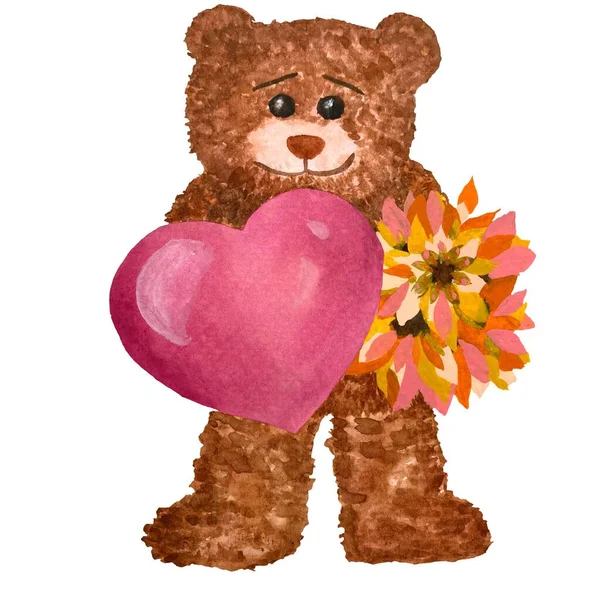 Καφέ Αρκούδα Μεγάλη Ροζ Καρδιά Και Λουλούδια Ακουαρέλα Εικονογράφηση Χειροποίητη — Φωτογραφία Αρχείου