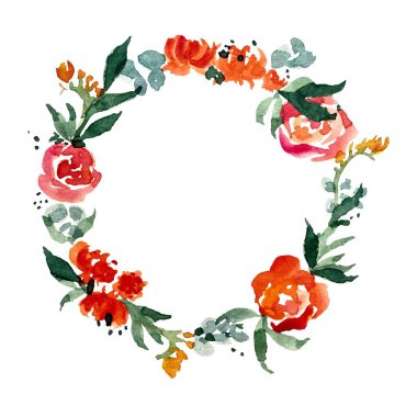 Güzel bir gül ve şakayık çelengi. Suluboya çizimi. Tasarım, ev dekorasyonu, kumaşlar, tekstil, kartlar, davetiyeler, afişler, aksesuarlar, kırtasiyeler için el çizimi resim. 