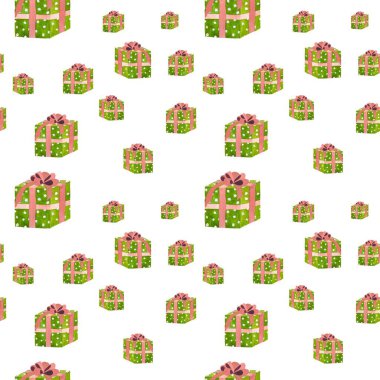 Pembe kurdeleli ve beyaz çiçek desenli yeşil hediye kutusu. Suluboya çizimi. Tasarım, ev dekorasyonu, kumaşlar, baskılar, tekstil, kartlar, davetiyeler, afişler, aksesuarlar, kırtasiyeler için. 