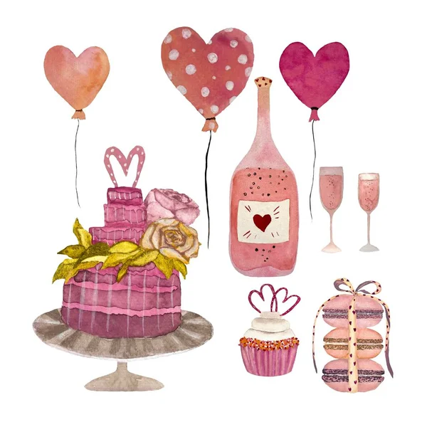 Sevgililer Günü Seti Pembe Pasta Içeriyor Ayrıca Kalp Balonları Şarap — Stok fotoğraf