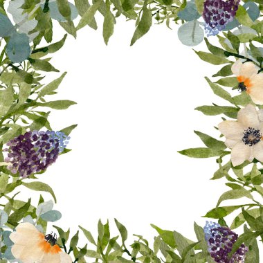 Deniz şakayığını çerçevele ve dalları resimle. Issız suluboya kompozisyonu. Bu resmi kartlar için kullan, tarihi kaydet, düğün davetiyeleri, posterler, selamlama tasarımı. Tatil dekorasyonu için.. 