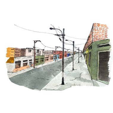 Sokak el çizimi. Suluboya çizim binası. Amsterdam tarzı. Renkli parlak renkler. Beyaz arka planda izole edilmiş. Tasarım, posterler, kartlar, tuval ve kırtasiye için soyut resim.
