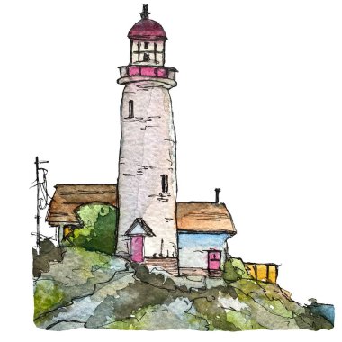 El çizimi deniz feneri çizimi. Suluboya çizimi. Doğa ve evle. Renkli parlak renkler. Beyaz arka planda izole edilmiş. Tasarım, posterler, kartlar, tuval ve kırtasiye için soyut resim
