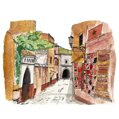 Sokak el çizimi. Suluboya çizim binası. Fas tarzı. Renkli parlak renkler. Beyaz arka planda izole edilmiş. Tasarım, posterler, kartlar, tuval ve kırtasiye için soyut resim.